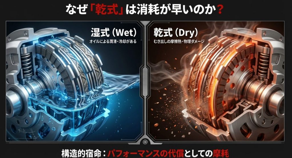 画像タイトル: 湿式クラッチと乾式クラッチの構造比較

代替テキスト: オイルで潤滑・冷却される湿式クラッチと、むき出しで摩擦熱のダメージを受けやすい乾式クラッチの構造を比較したCG画像