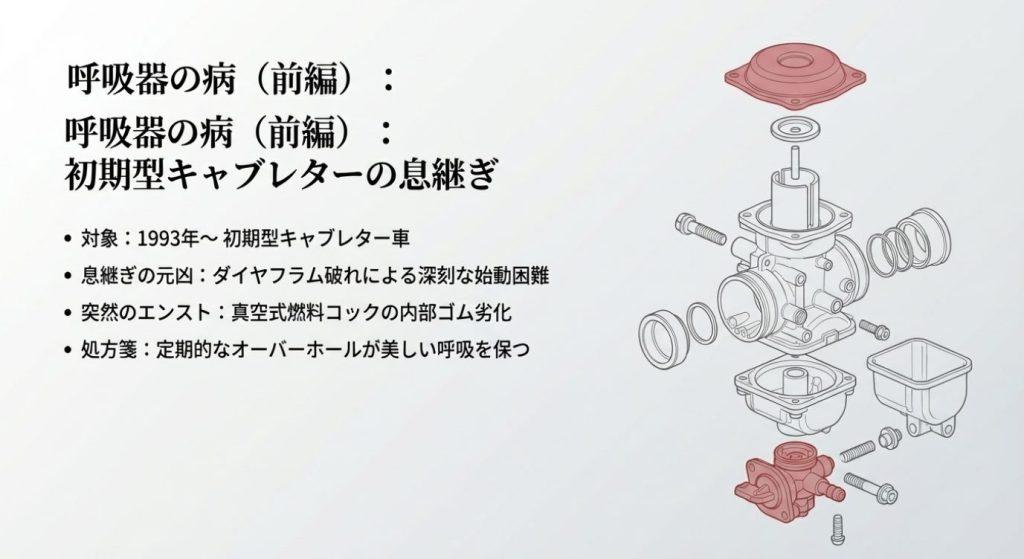 画像タイトル: 呼吸器の病 前編 キャブレターの息継ぎ

代替テキスト: キャブレターのダイヤフラムや内部構造を示す解説画像