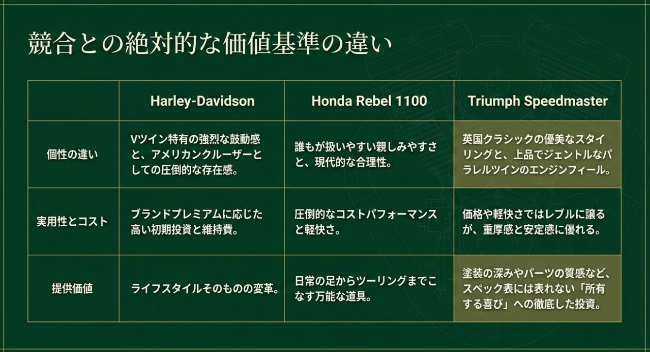 画像タイトル: 競合クルーザーとの価値基準比較 代替テキスト: 他の大型クルーザー2車種と個性の違いや実用性、提供価値を比較した一覧表