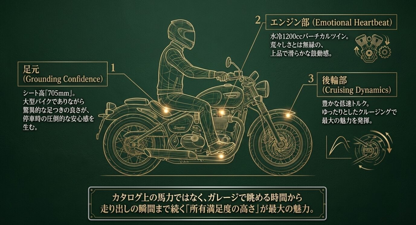 画像タイトル: クルーザー特有の必然の妥協 代替テキスト: 積載性の低さとバンク角の浅さを「必然の妥協」として解説する天秤の図解