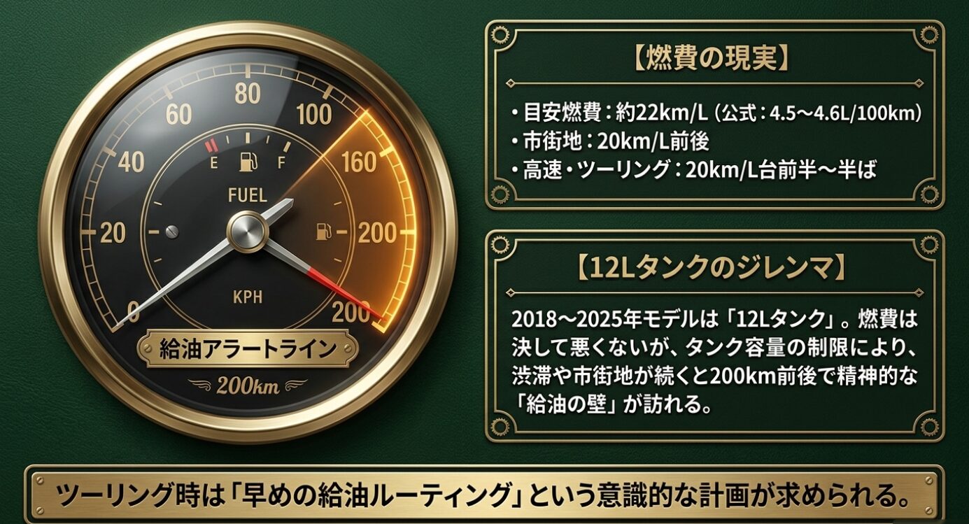 画像タイトル: 燃費の現実と給油アラート 代替テキスト: 目安燃費約22km/Lと200kmで訪れる給油アラートラインを示すメーター図