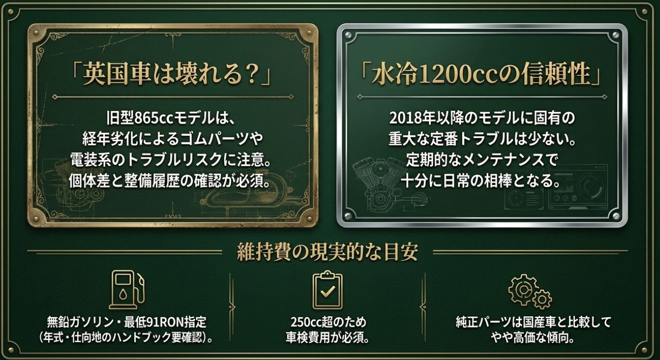 画像タイトル: 信頼性と維持費の現実 代替テキスト: 旧型モデルの注意点と最新水冷モデルの信頼性、車検費用などの維持費目安