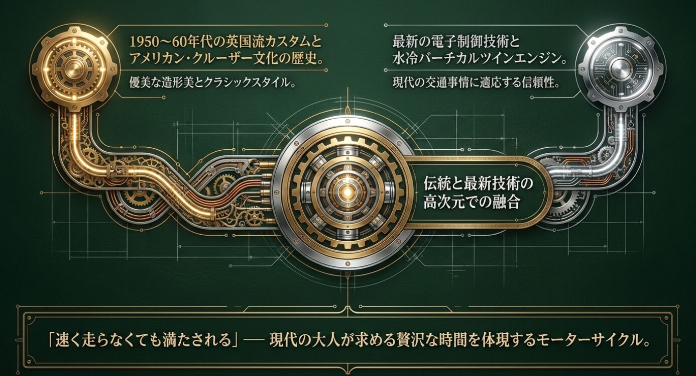 画像タイトル: 足つきとエンジンの魅力 代替テキスト: シート高705mmによる足つきの良さと水冷エンジンの鼓動感を解説するスライド
