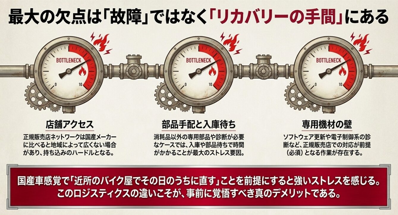 画像タイトル: リカバリーの手間とロジスティクスの課題 代替テキスト: 故障時の部品手配や入庫待ち、専用機材の壁など、リカバリーに手間がかかることをボトルネックとして表したメーターのイラスト