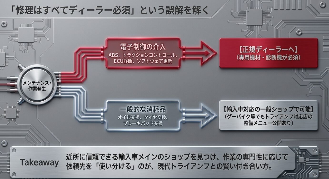 画像タイトル: 修理先の賢い使い分け方 代替テキスト: 電子制御は正規ディーラーへ、一般的な消耗品交換は輸入車対応の一般ショップへ依頼先を使い分けることを示す比較図