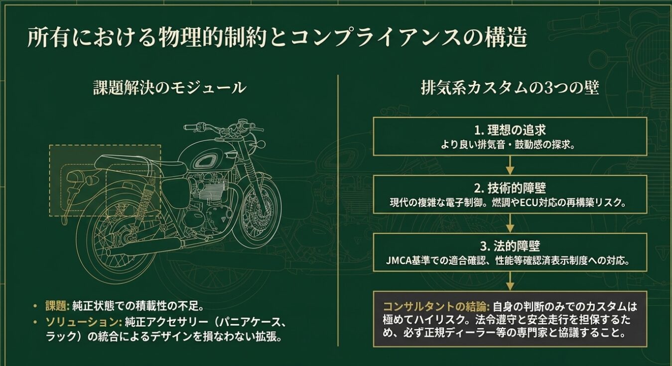 画像タイトル: カスタムにおける物理的・法的制約 代替テキスト: マフラー交換における3つの壁（理想、技術、法律）と純正アクセサリーによる積載性向上のソリューション解説