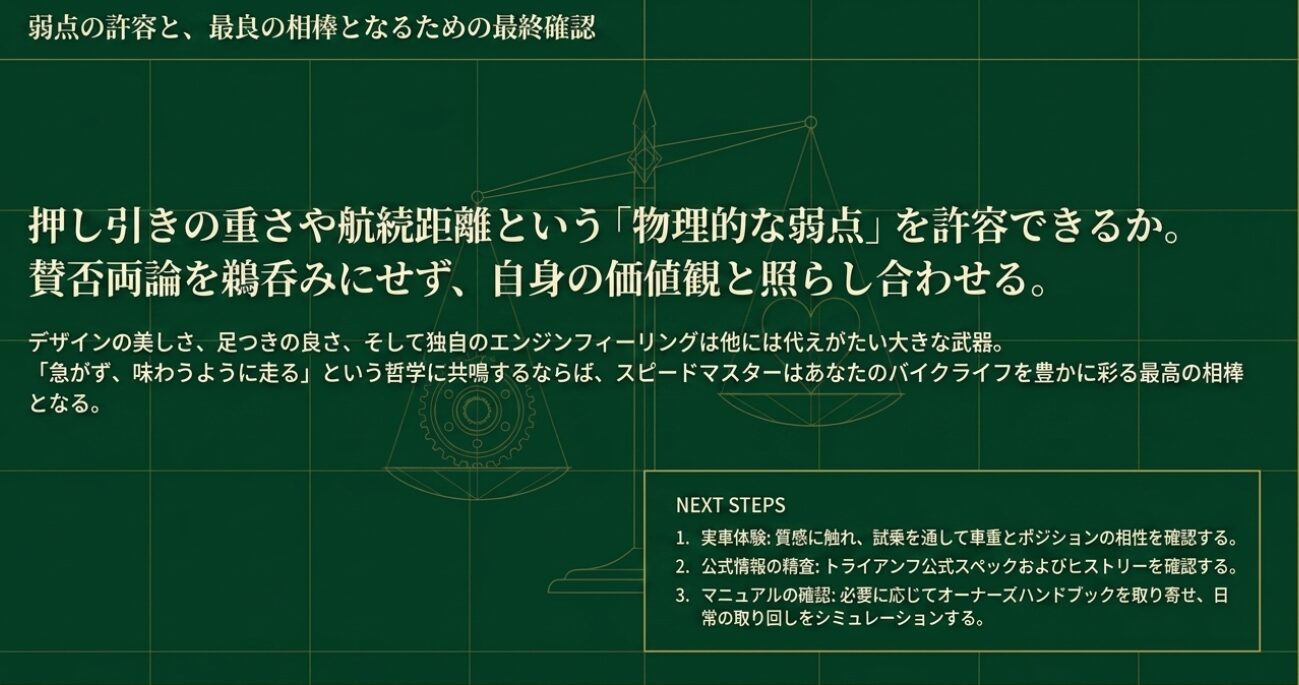 画像タイトル: 弱点の許容と最良の相棒選び 代替テキスト: 物理的な弱点の許容と価値観の照らし合わせ、および購入に向けた最終確認のネクストステップ