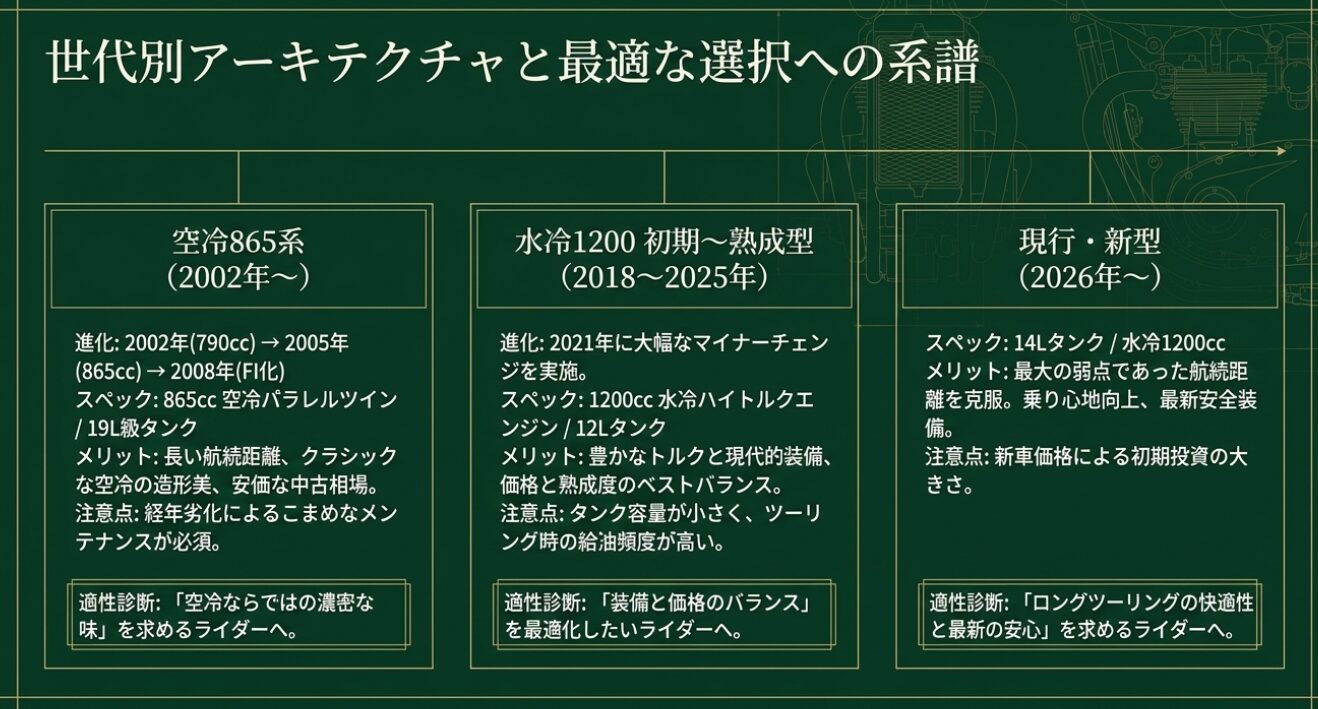 画像タイトル: 世代別アーキテクチャと最適な選択 代替テキスト: 空冷モデルから最新水冷モデルまでの進化の系譜と、それぞれのライダー適性診断をまとめた図