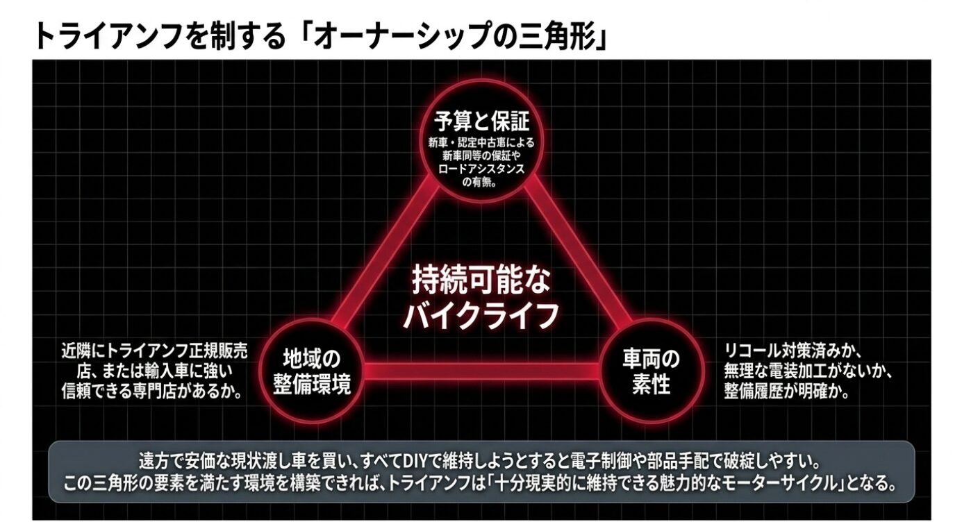 画像タイトル: 理想のバイクライフを支えるオーナーシップの三角形 代替テキスト: 予算と保証、地域の整備環境、車両の素性の3要素を満たすことで現実的に維持できることを示すオーナーシップの三角形の図解