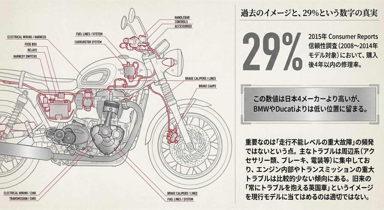 画像タイトル: 故障率データと周辺系トラブルの傾向 代替テキスト: 過去の信頼性調査のデータと、エンジンの重大トラブルよりも電装やブレーキなど周辺系の不具合が多いことを示すバイクの構造図