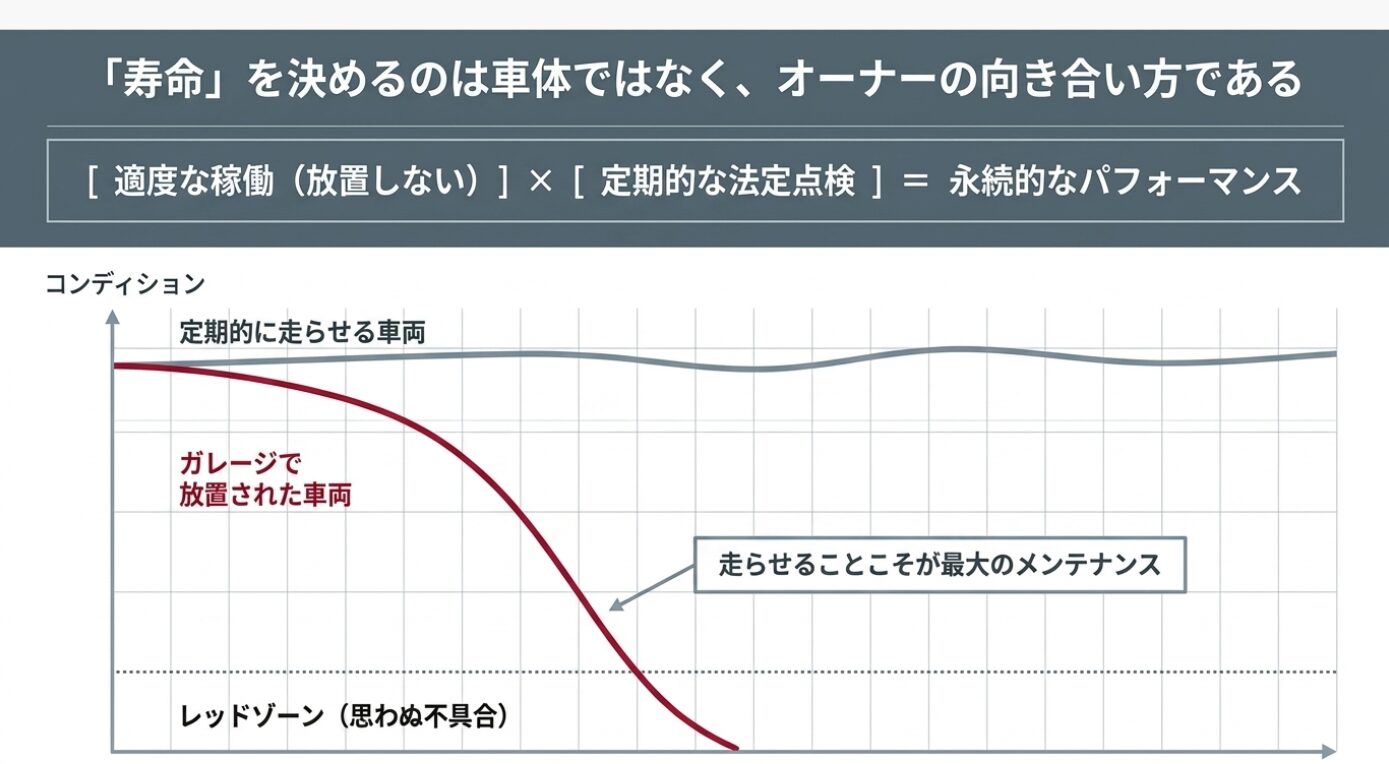 画像タイトル: 適度な稼働と寿命の関係性 代替テキスト: 走らせることこそが最大のメンテナンスであり、定期的に走らせる車両とガレージで放置された車両のコンディションの違いを示すグラフ