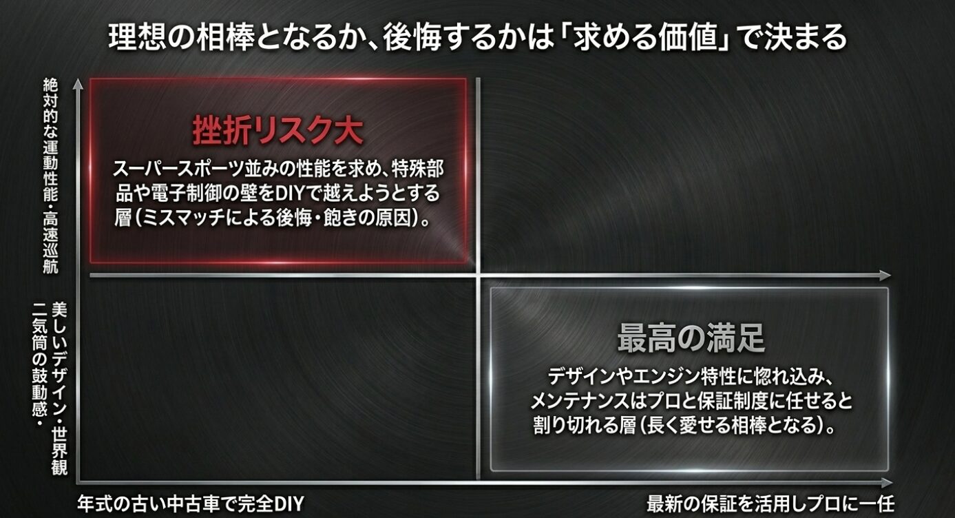 画像タイトル: バイクに求める価値と満足度の関係 代替テキスト: 運動性能やDIYを求める層のリスクと、デザインを愛しメンテナンスをプロに任せる層の満足度を比較した図解