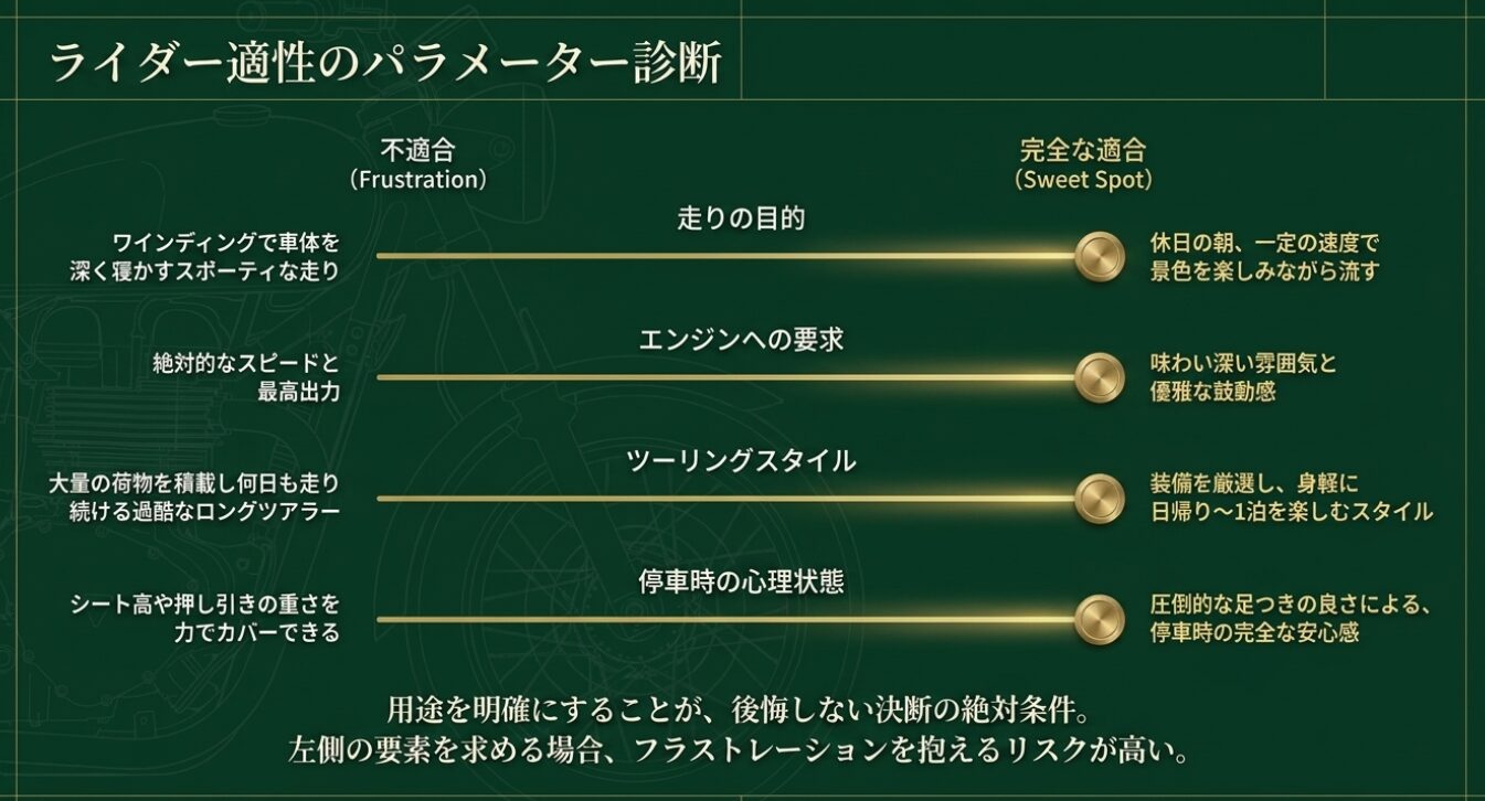 画像タイトル: ライダー適性のパラメーター診断 代替テキスト: 走りの目的やツーリングスタイルに応じた、完全な適合（向いている）と不適合（向かない）を図解したパラメーター