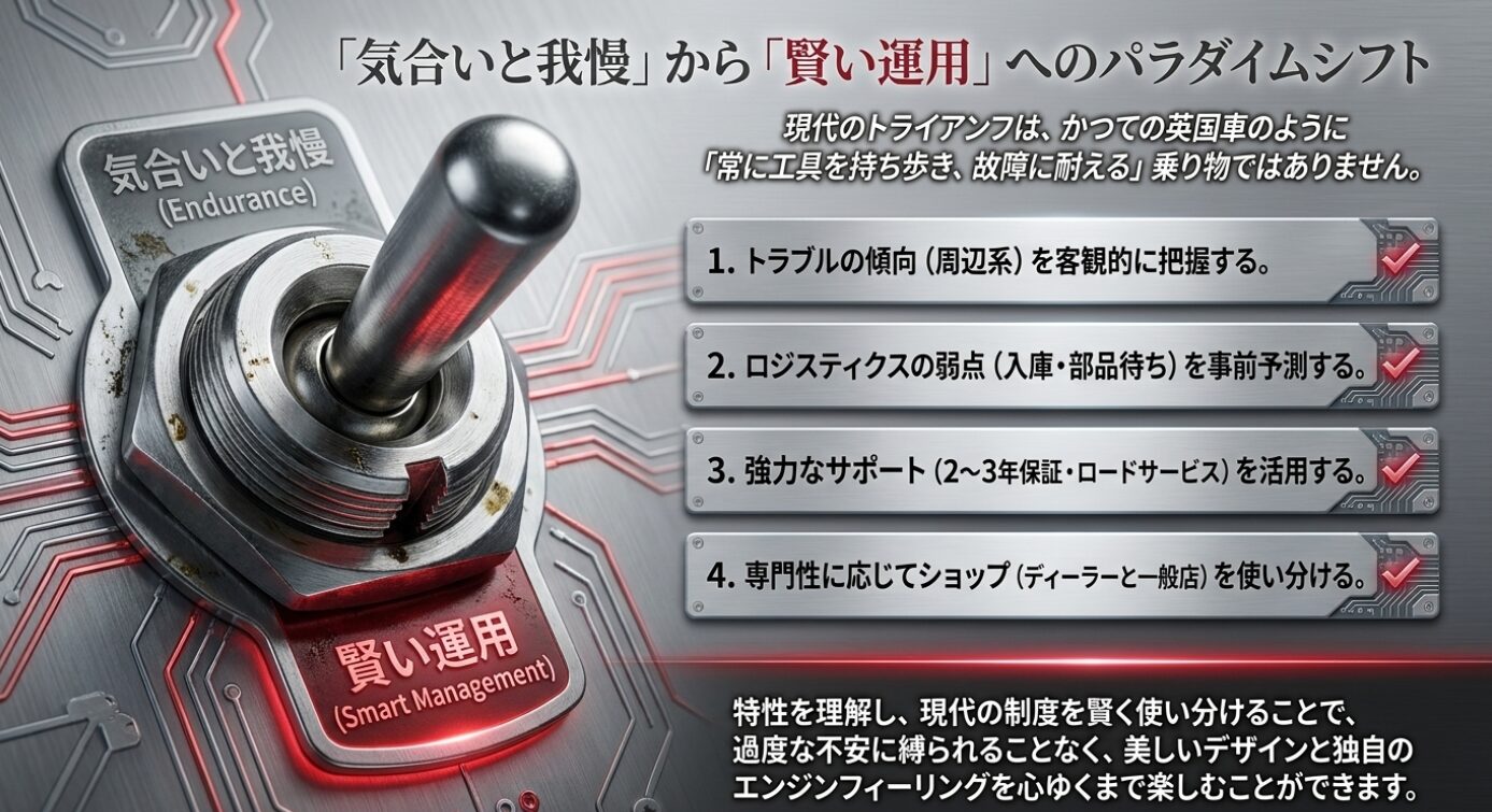 画像タイトル: 賢い運用のパラダイムシフトまとめ 代替テキスト: 気合いと我慢から賢い運用へのシフトを促し、トラブル傾向の把握や保証の活用など4つのポイントをまとめたスライド
