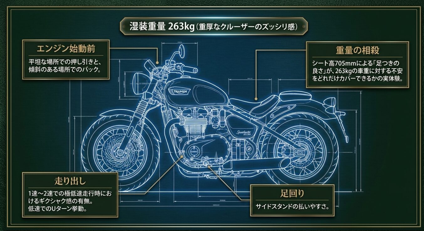 画像タイトル: 車重と取り回しのチェックポイント 代替テキスト: 湿装重量263kgの車体におけるエンジン始動前後の取り回しや足回りの確認ポイント