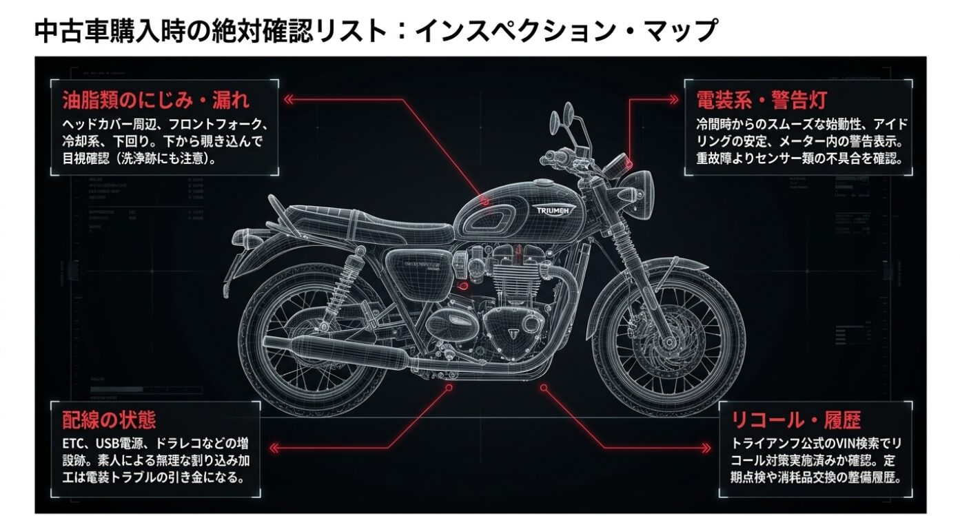 画像タイトル: 中古車購入時のインスペクションマップ 代替テキスト: 油脂類のにじみ、電装系、配線の状態、リコール履歴など、中古車購入時に確認すべきポイントをまとめたバイクの図解