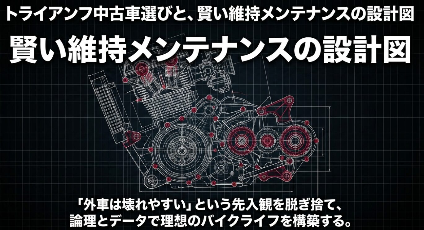 画像タイトル: 中古車選びと維持メンテナンスの設計図 代替テキスト: 賢い維持メンテナンスの設計図として、論理とデータで理想のバイクライフを構築することを示すタイトルスライド