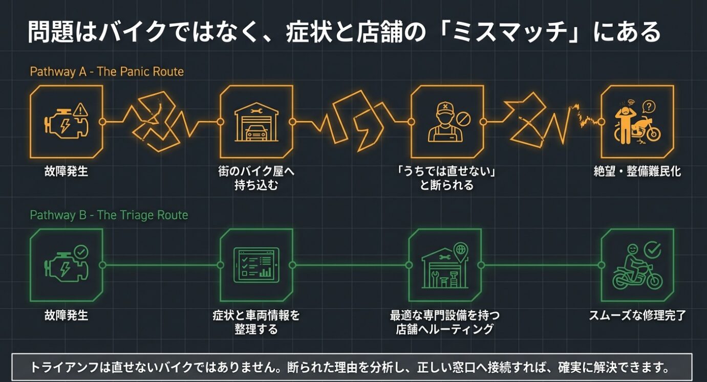 画像タイトル: トライアンフの車体構造イメージ 代替テキスト: クラシックモデルのバイクを横から見た設計図風のワイヤーフレームイラスト