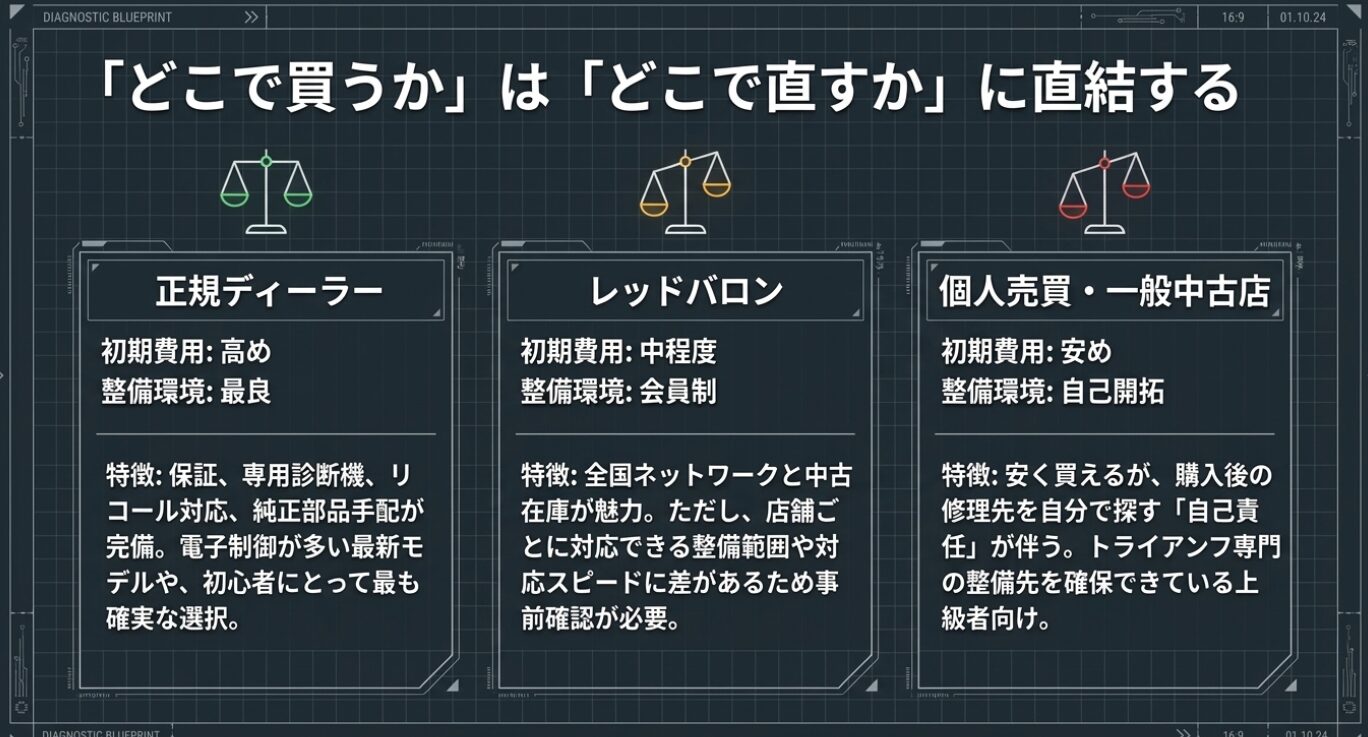 画像タイトル: 購入先と修理先の直結関係 代替テキスト: 正規ディーラー、レッドバロン、一般中古店という購入先が購入後の修理対応にどう影響するかの比較図