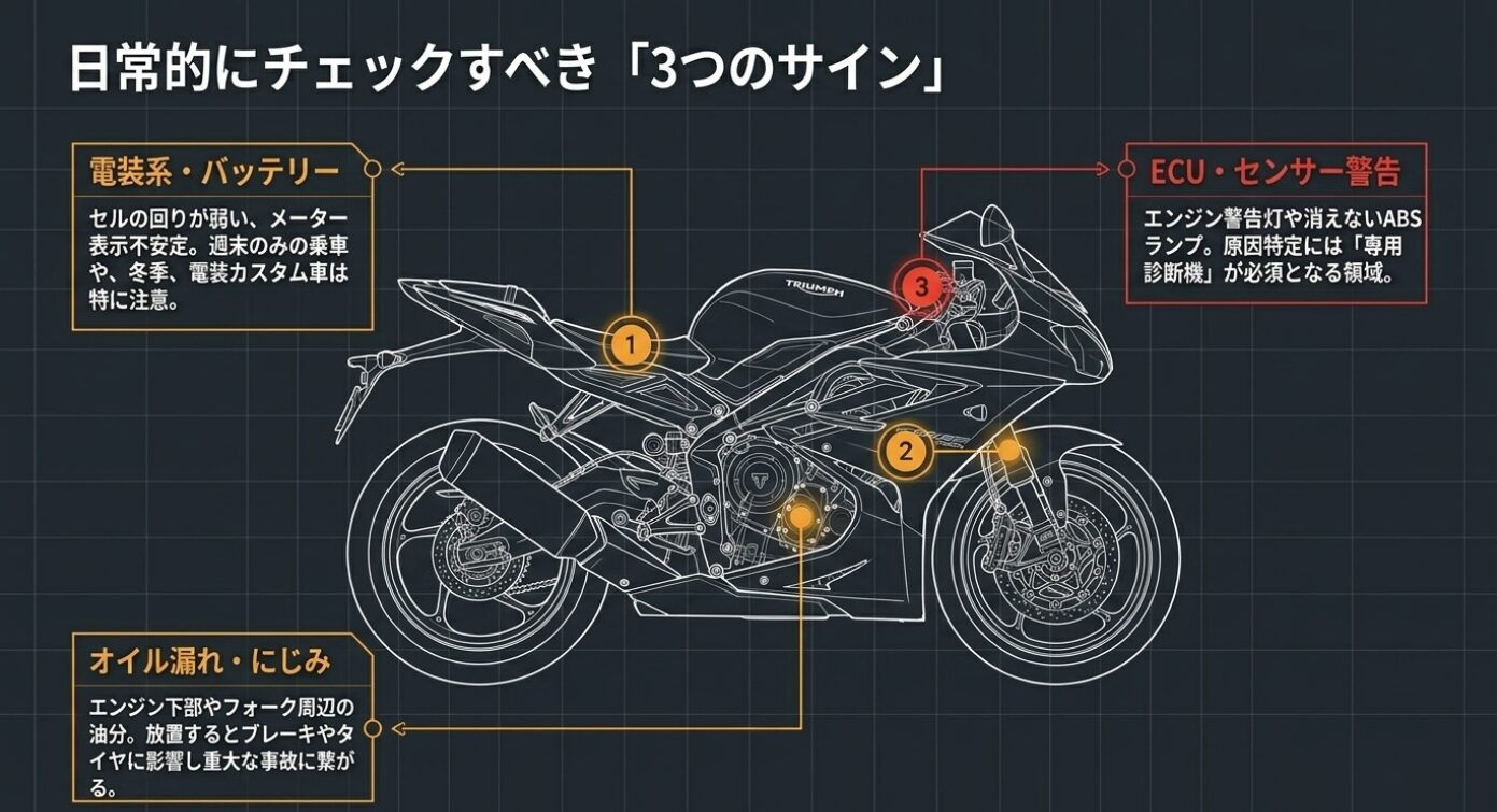 画像タイトル: トライアンフの車体構造イメージ 代替テキスト: クラシックモデルのバイクを横から見た設計図風のワイヤーフレームイラスト