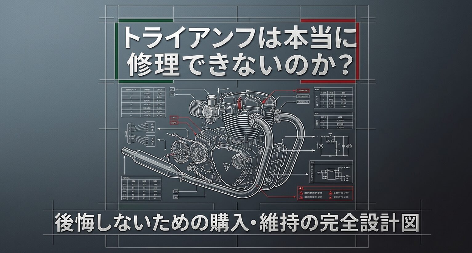画像タイトル: 修理の不安を解消する完全設計図 代替テキスト: バイクのエンジンの図解とともに「本当に修理できないのか？後悔しないための購入・維持の完全設計図」と書かれたタイトルスライド