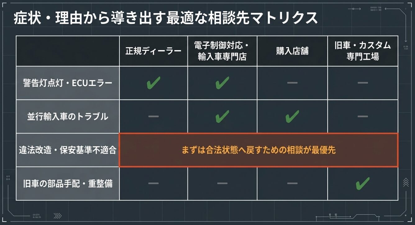 画像タイトル: 症状別の最適な相談先マトリクス 代替テキスト: 警告灯点灯や違法改造などの症状や理由から、最適な相談先を導き出すマトリクス表