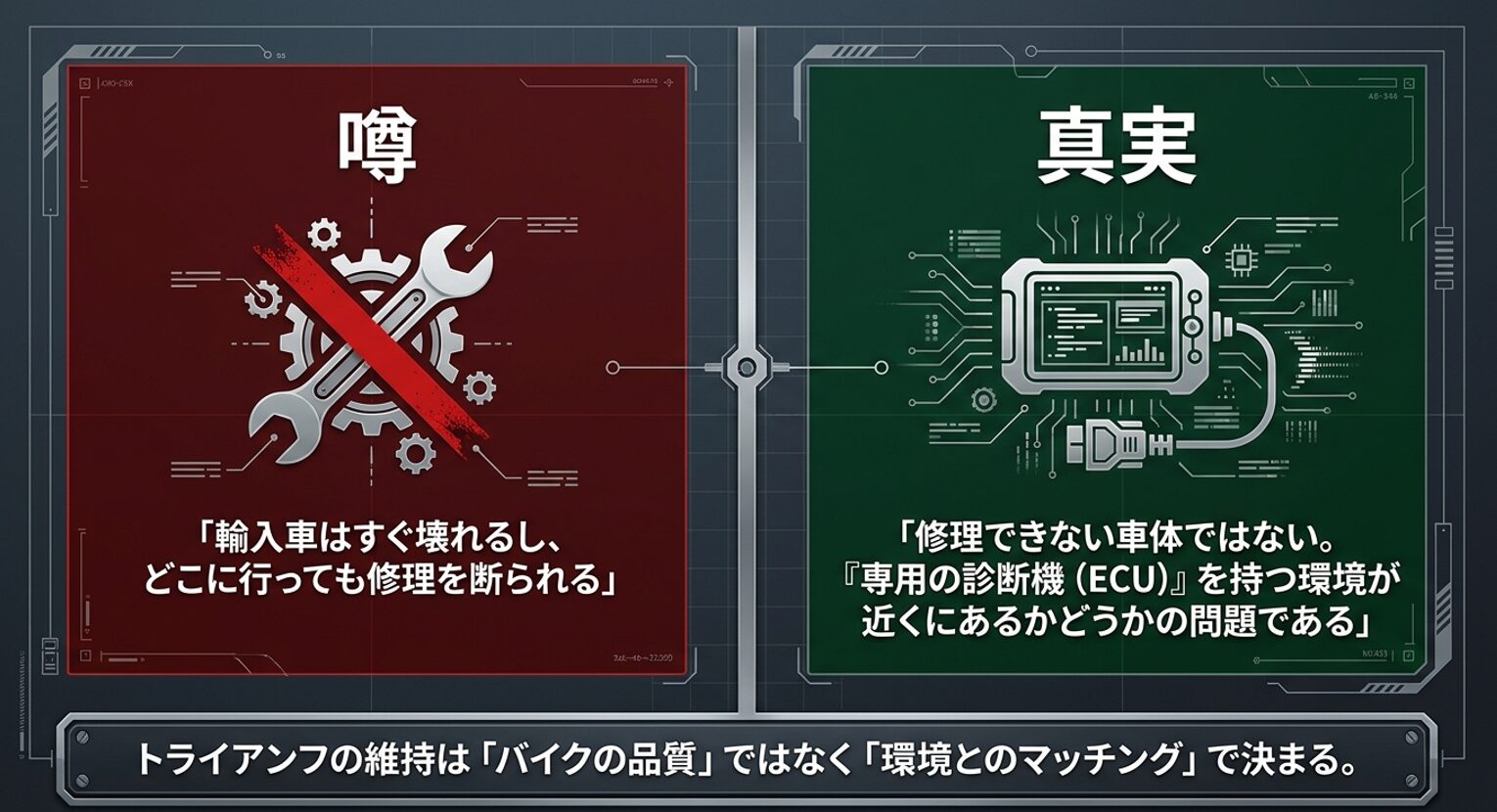 画像タイトル: 修理に関する噂と真実 代替テキスト: 輸入車はすぐ壊れて修理を断られるという噂と、専用診断機がある環境の問題であるという真実を比較したスライド