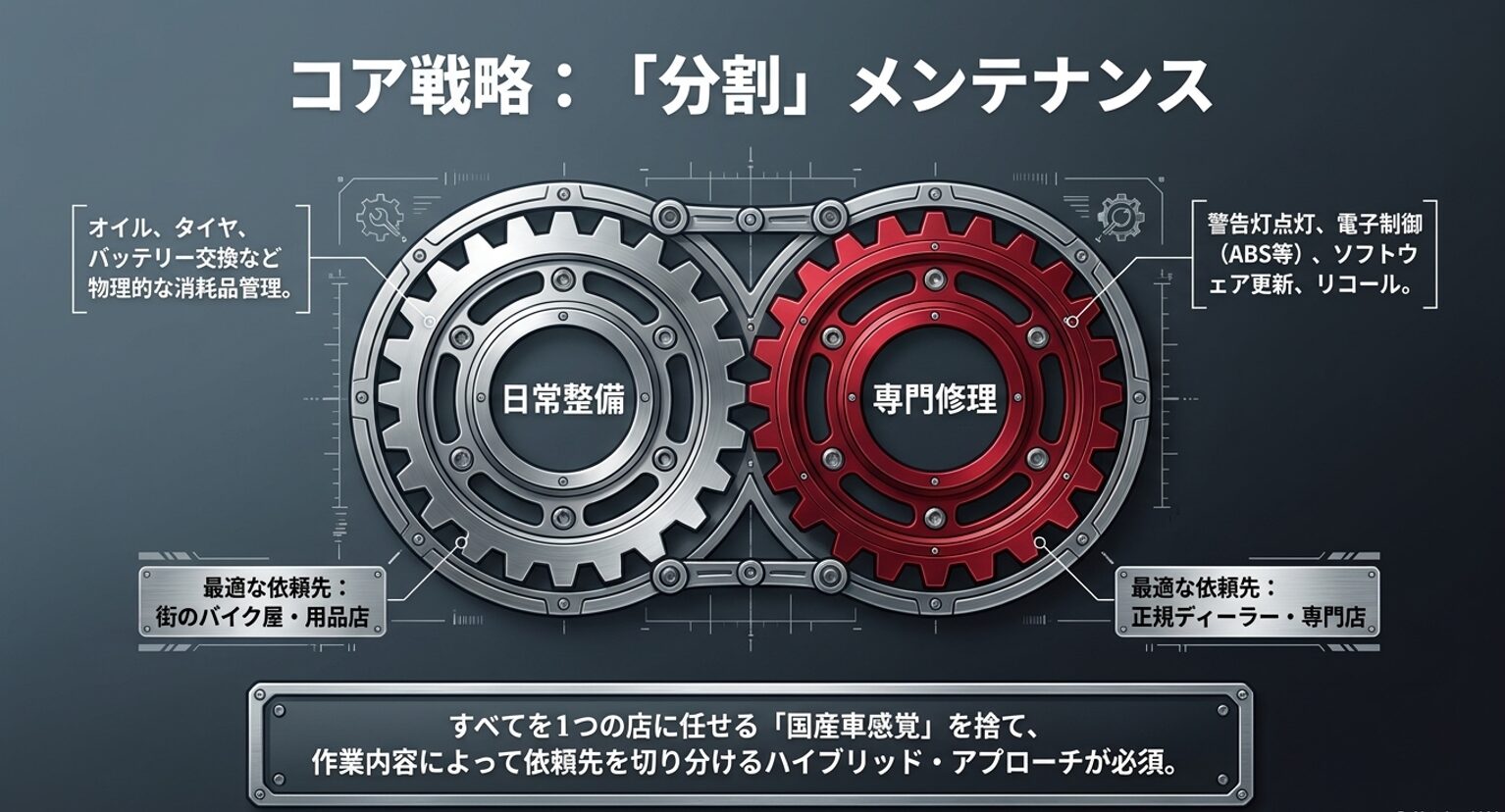 画像タイトル: 分割メンテナンスのコア戦略 代替テキスト: 日常整備は街のバイク屋へ、専門修理は正規ディーラーへと切り分けるハイブリッドアプローチを図解したスライド