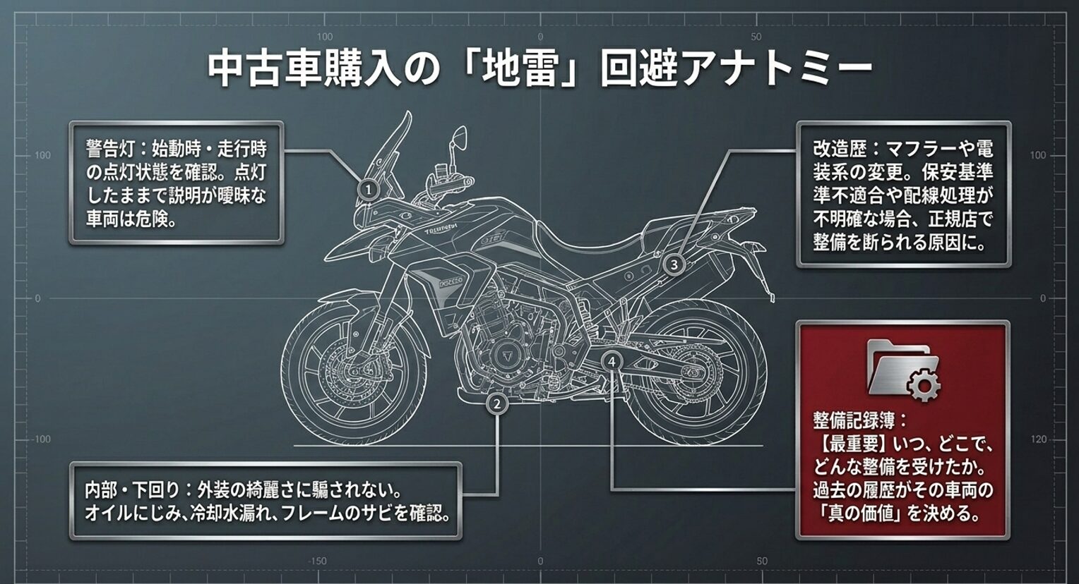 画像タイトル: 中古車購入時の地雷回避ポイント 代替テキスト: 中古バイクの警告灯、下回りのオイル漏れ、改造歴、整備記録簿といった注意すべきポイントを車体の図で示したスライド