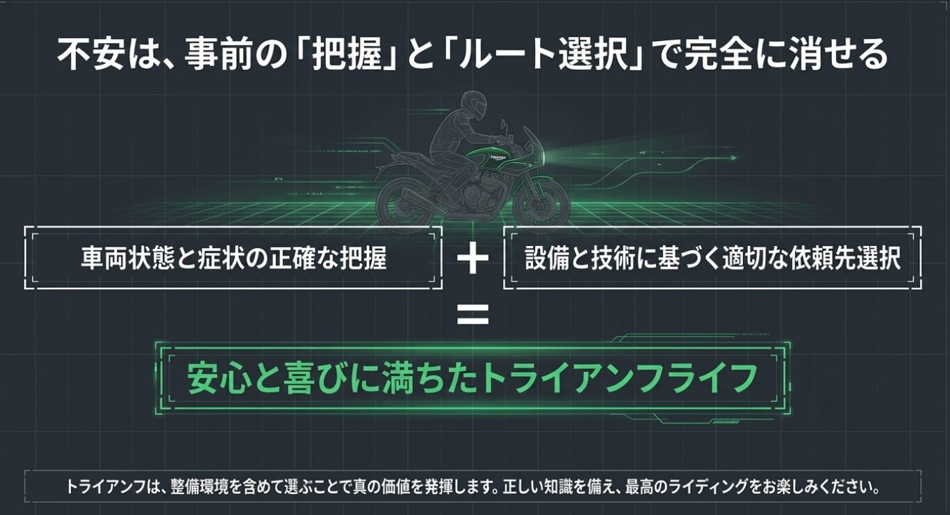 画像タイトル: 充実した所有体験の条件 代替テキスト: 車両状態の把握と適切な依頼先選択により、不安を消して充実したバイクライフを送れることを示したまとめ