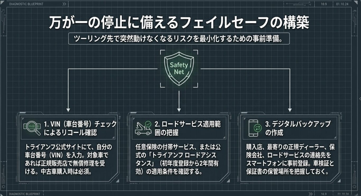 画像タイトル: トラブル時のフェイルセーフ構築 代替テキスト: VIN番号によるリコール確認やロードサービスの把握など、万が一の停止に備える事前準備の図解
