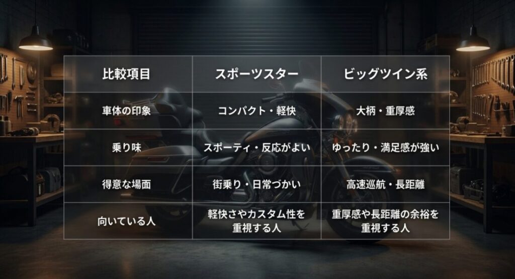 画像タイトル: スポーツスターとビッグツイン系の比較表画像
代替テキスト: 車体の印象、乗り味、得意な場面、向いている人を軸にスポーツスターとビッグツイン系を比較した表形式のスライド