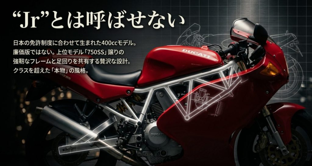 画像タイトル: ducati-400ss-frame-design.jpg


代替テキスト: 上位モデル750SS譲りの強靭なフレームを持つ、廉価版ではないドゥカティ400SSの設計