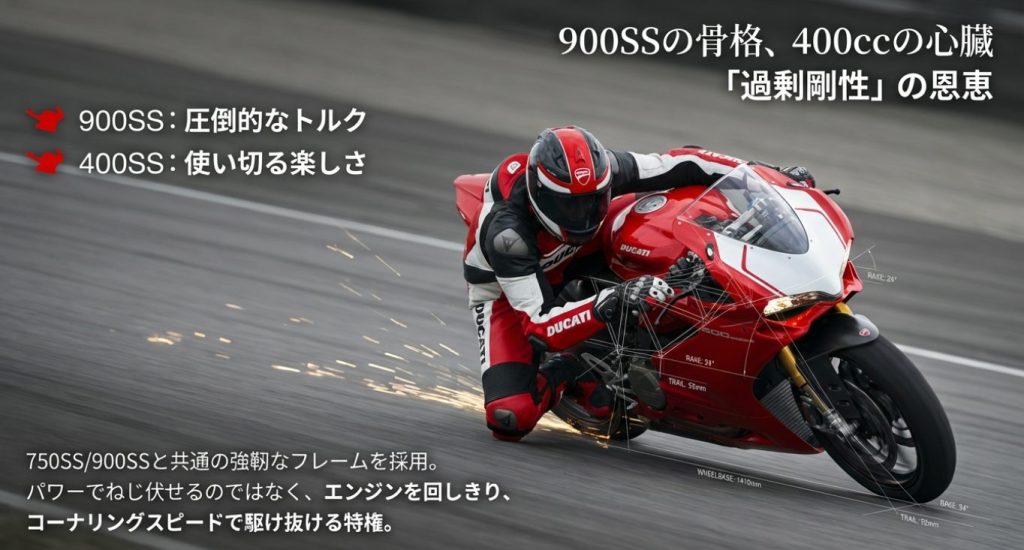 画像タイトル: ducati-400ss-vs-900ss.jpg

代替テキスト: 900SSの骨格と400ccの心臓を持つドゥカティ400SS特有のエンジンを回しきる楽しさ