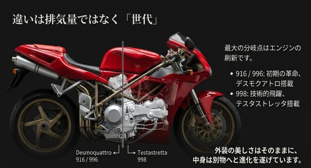 画像タイトル: エンジン世代の違い


代替テキスト: 違いは排気量ではなく「世代」 。916/996は初期の革命でデスモクアトロ搭載 。998は技術的飛躍でテスタストレッタ搭載 。