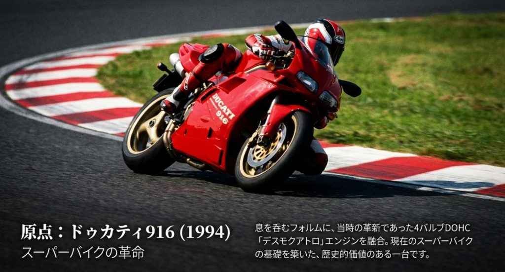 画像タイトル: ドゥカティ916の走行シーン


代替テキスト: スーパーバイクの革命となった原点モデル、ドゥカティ916 (1994) 。