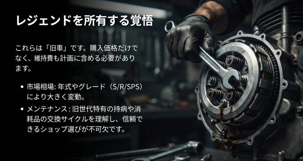 画像タイトル: 旧車を所有する覚悟と維持費


代替テキスト: レジェンドを所有する覚悟 。これらは旧車であり、市場相場やメンテナンスを理解して計画に含める必要がある 。