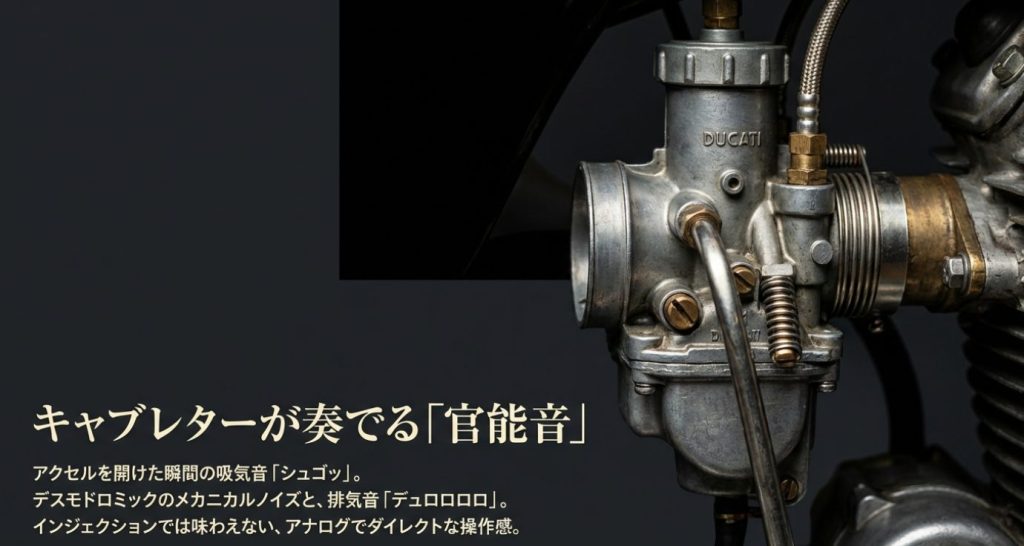 画像タイトル: ducati-400ss-carburetor-sound.jpg


代替テキスト: アナログでダイレクトな操作感と、キャブレターやメカニカルノイズが奏でる官能音