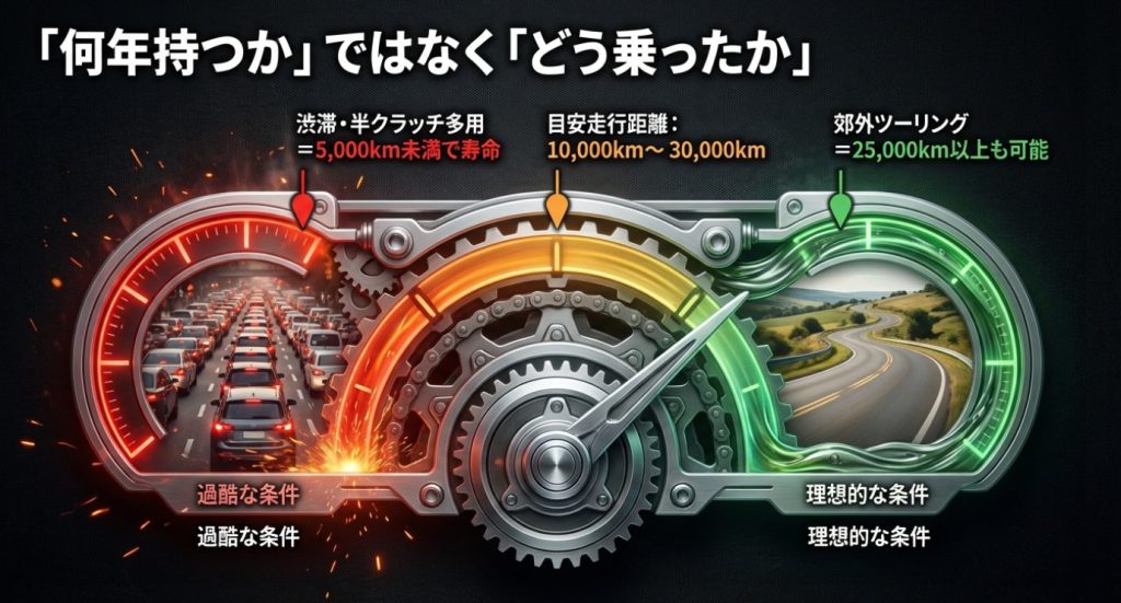 画像タイトル: 乗り方で変わる乾式クラッチの寿命

代替テキスト: 渋滞や半クラッチの多用などの過酷な条件と、郊外ツーリングなどの理想的な条件による、乾式クラッチの寿命走行距離の違いを示した図