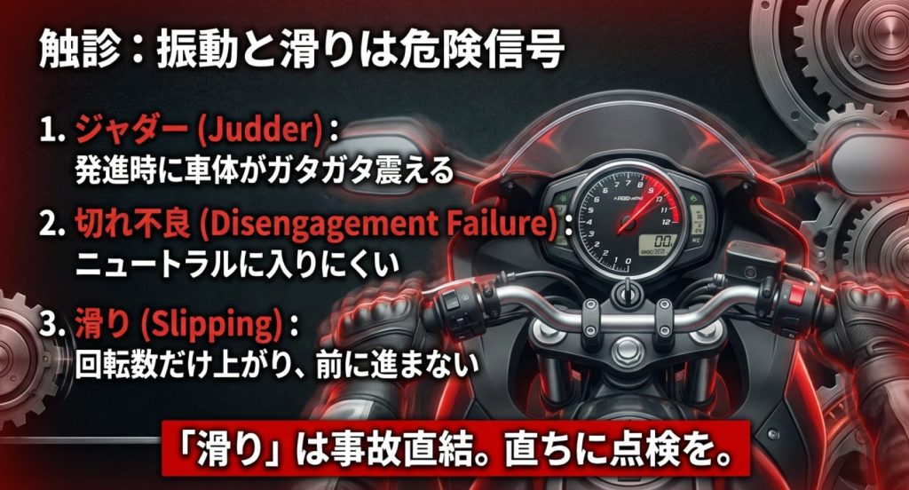 画像タイトル: 乾式クラッチの危険な末期症状

代替テキスト: ジャダー、切れ不良、滑りといった乾式クラッチの危険な末期症状と、直ちに点検が必要であることを促す図