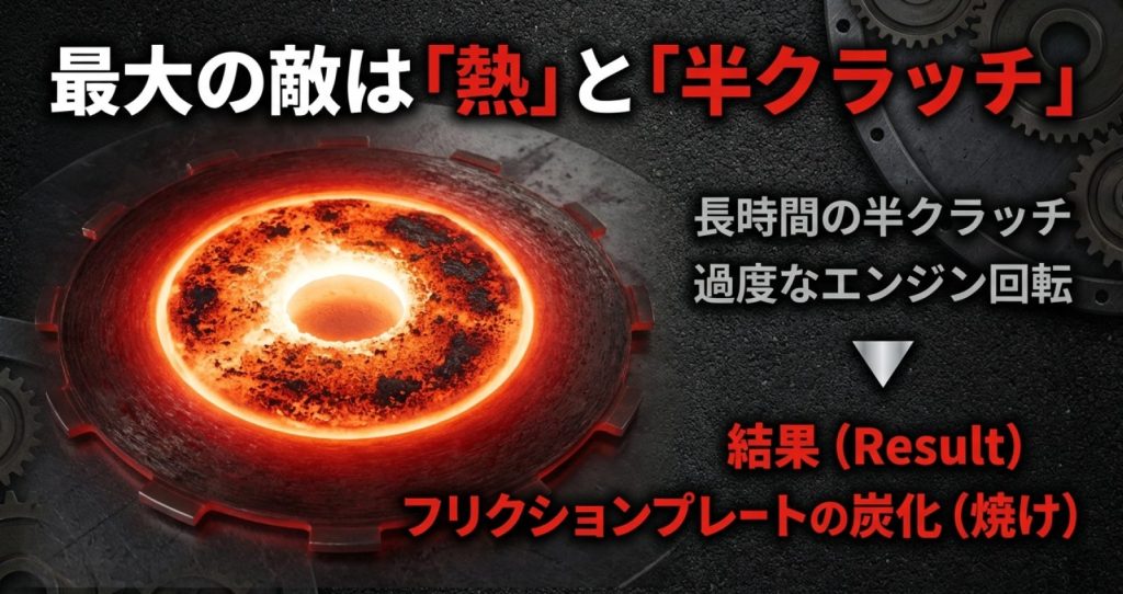 画像タイトル: 乾式クラッチを消耗させる最大の敵

代替テキスト: 長時間の半クラッチと過度なエンジン回転による熱が、フリクションプレートの炭化を引き起こすことを解説した図