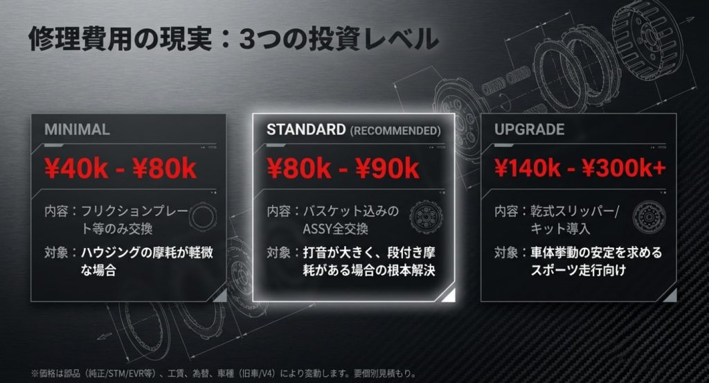 画像タイトル: ドゥカティ乾式クラッチの修理費用3つのレベル

代替テキスト: フリクションプレートのみ交換、バスケットASSY全交換、キット導入という3つの投資レベル別の乾式クラッチ修理費用目安
