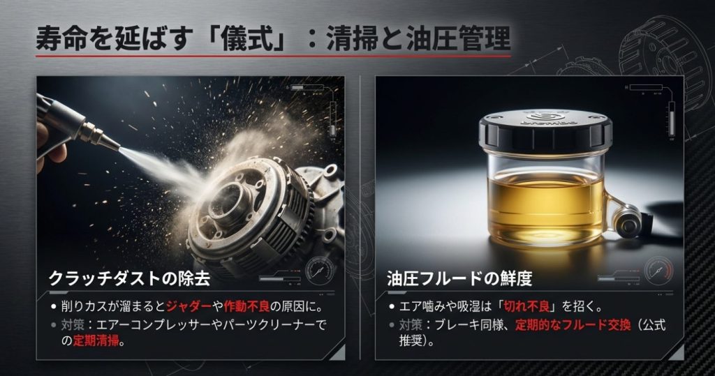 画像タイトル: 乾式クラッチ寿命を延ばす清掃とメンテナンス

代替テキスト: クラッチダストの除去や油圧フルードの管理など、乾式クラッチの寿命を延ばすためのメンテナンス作業イメージ