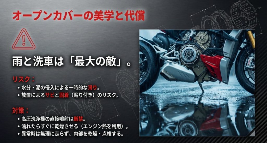 画像タイトル: オープンクラッチカバーの雨天・洗車時リスク

代替テキスト: ドゥカティのオープンクラッチカバーにおける、水分や泥の侵入によるサビや一時的な滑りのリスクと対策