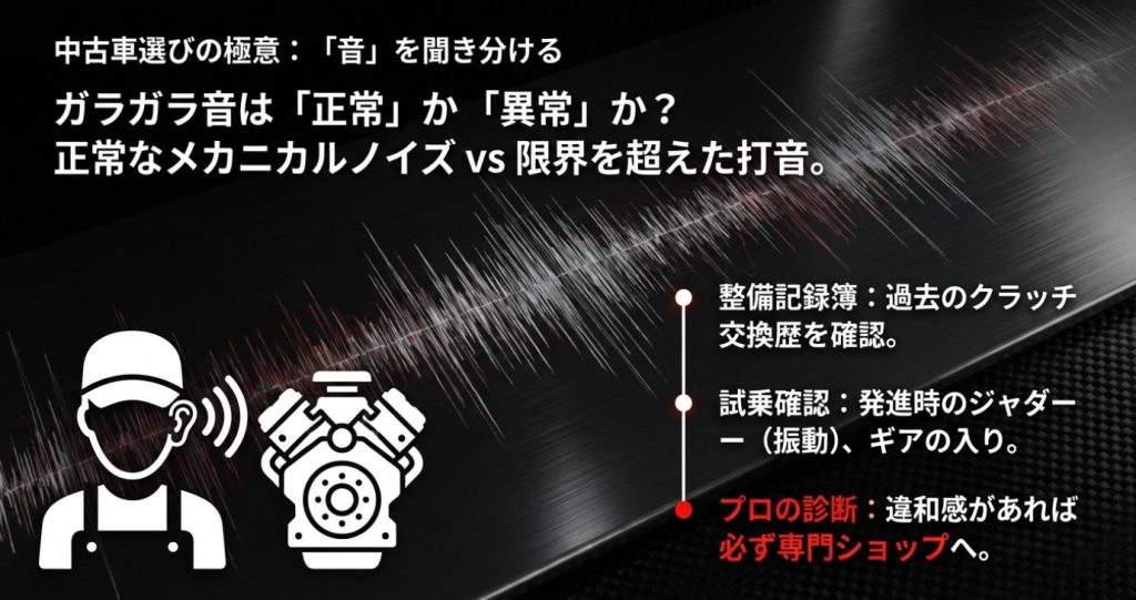 画像タイトル: 乾式クラッチ搭載中古車選びのポイント

代替テキスト: 正常なノイズと異常な打音の聞き分け、過去の整備記録の確認など、乾式クラッチの中古車選びで失敗しないための極意