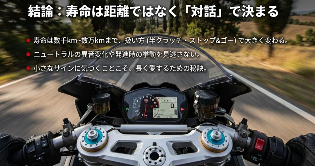 画像タイトル: 乾式クラッチの寿命は愛車との対話で決まる

代替テキスト: 乾式クラッチの寿命は距離ではなく乗り方で変わり、小さなサインに気づくことが長く愛する秘訣であるという結論