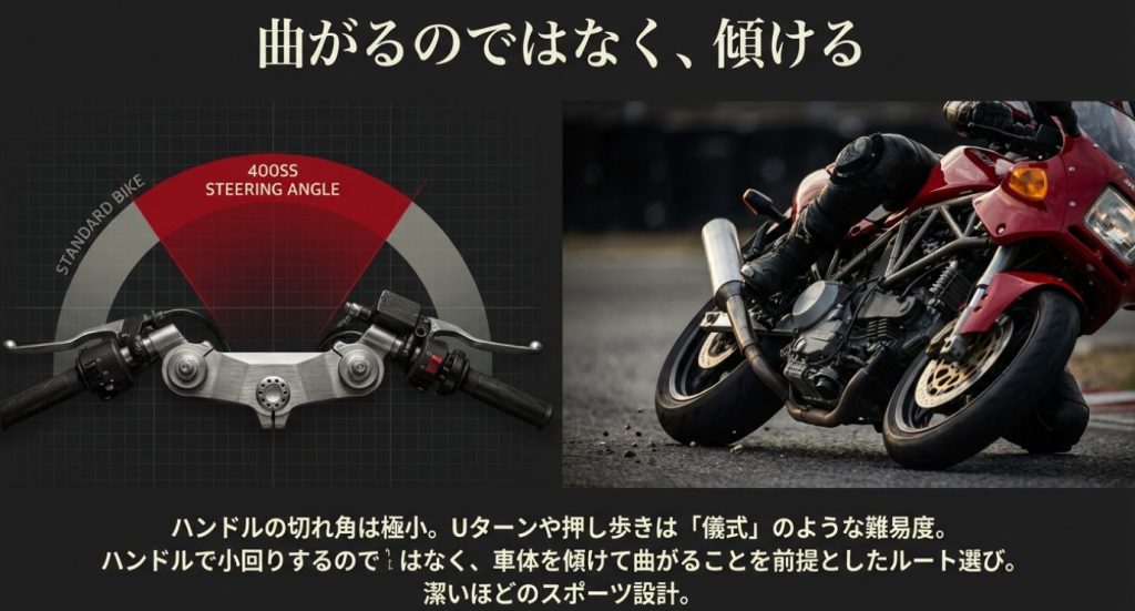 画像タイトル: ducati-400ss-steering-angle.jpg


代替テキスト: ハンドルの切れ角が極小であり、車体を傾けて曲がることを前提とした潔いスポーツ設計