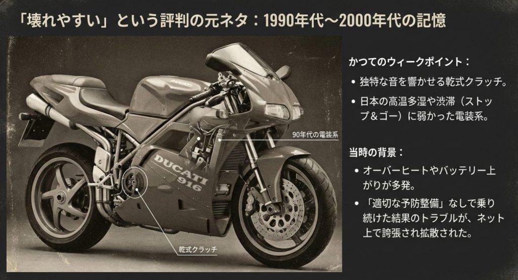 画像タイトル: 1990年代〜2000年代のドゥカティのウィークポイント


代替テキスト: 乾式クラッチや電装系が弱点だった90年代のドゥカティ916
