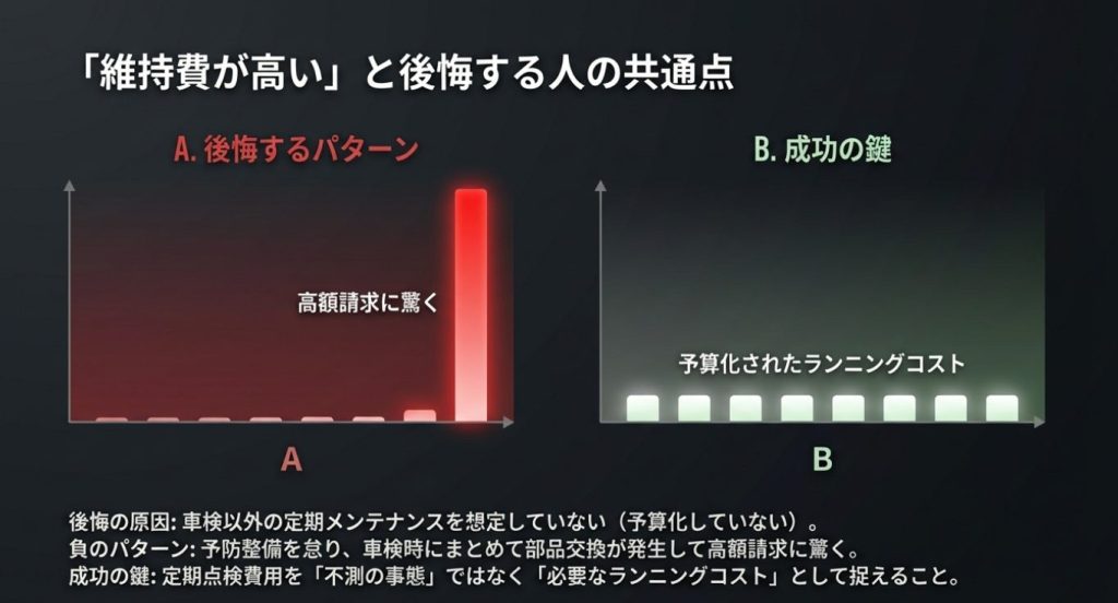 画像タイトル: ドゥカティの維持費で後悔するパターンと成功の鍵


代替テキスト: 車検時に高額請求に驚くパターンと、ランニングコストを予算化している成功パターンの比較グラフ
