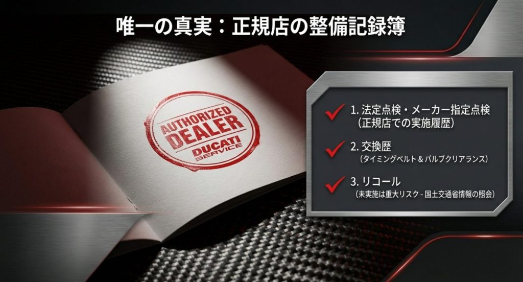 画像タイトル: ドゥカティ正規ディーラーの整備記録簿の重要性

代替テキスト: 法定点検やリコール実施履歴がわかるドゥカティ正規店の整備記録簿
